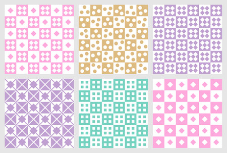 Various colorful check patterns. Set of colorful check patterns with simple shape elements.のイラスト素材
