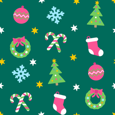 Cheerful merry christmas pattern. Christmas celebration vector pattern with Christmas tree, ball, candy cane, snowflake, wreath, garland, sock, decoration ornament elements.のイラスト素材