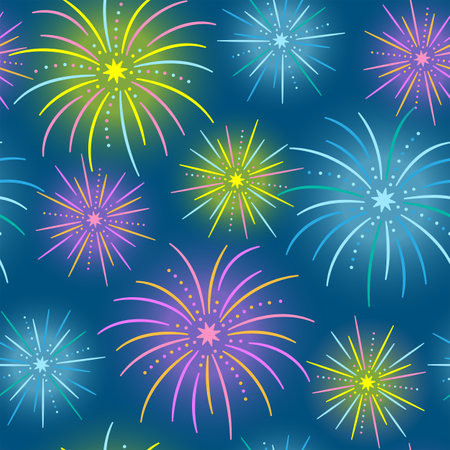 Colorful Fireworks Pattern. Vector pattern with colorful festive fireworks. Suitable for everything related to New Year, events and other celebrations.のイラスト素材