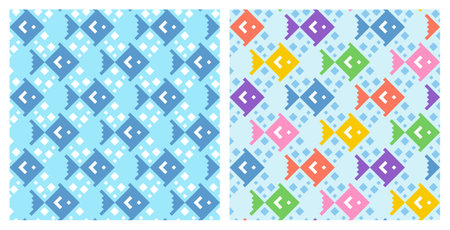 Ocean fish pattern. Underwater themed vector pattern with elements of a group of fish and air bubbles. Presented in two color variations (blue and colorful).のイラスト素材
