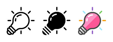 Multipurpose bulb icon in outline, glyph, filled outline style. Various styles of bulb vector icon. Three style variants in one pack.のイラスト素材