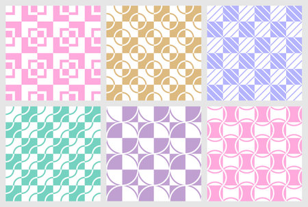 Various colorful linear check seamless patterns. Set of colorful patterns with squares and linear elements.のイラスト素材
