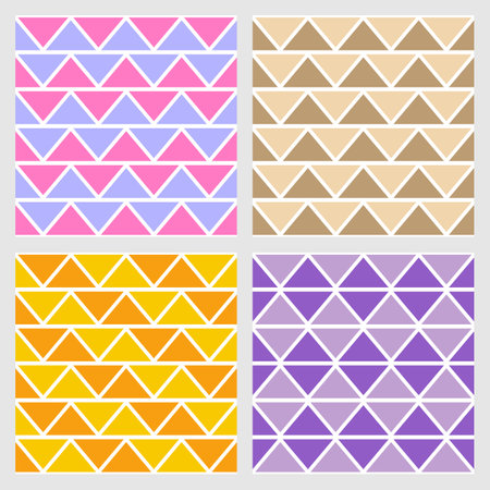Colorful abstract triangle basic shape seamless patterns. Vector patterns with triangle and line elements in cheerful colors.のイラスト素材