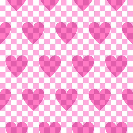 Flat hearts check seamless pattern. Pink flat check pattern with heart shape elements.のイラスト素材