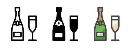 Multipurpose champagne vector icon in outline, glyph, filled outline style. Three icon style variants in one pack.のイラスト素材