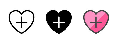 Multipurpose plus heart vector icon in outline, glyph, filled outline style. Three icon style variants in one pack.のイラスト素材