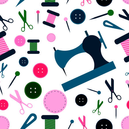 Vector illustration of sewing machine and accessories for sewing shop and atelier.   icon for sewing business.のイラスト素材
