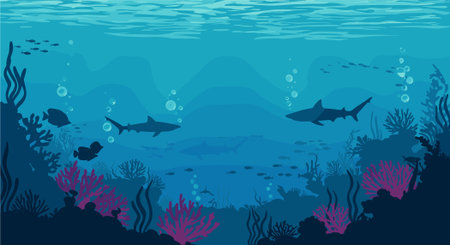 Underwater background with coral reef, fish and sharks. Flat vector illustration.のイラスト素材