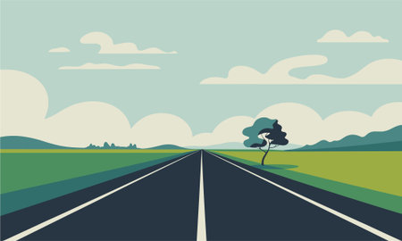 Road and tree in the middle of the field. Vector illustration.
