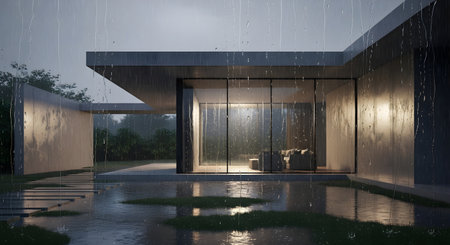 Modern house in the rain with reflection showcasing elegance and luxury living in a stylish residenceの素材