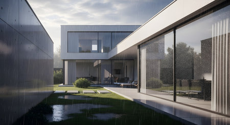 Experience the elegant tranquility of modern living with this stunning home exterior on a rainy day. Showcasing luxury, style, and architectural design, perfect for real estate.の素材