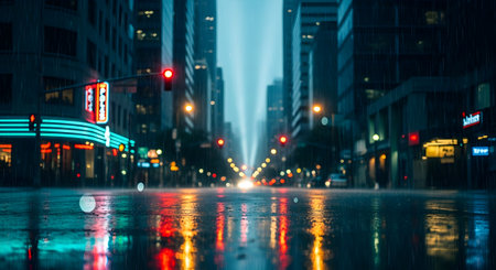 Traffic on the road in the city at night with lights and reflectionsの素材