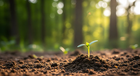 Young green seedling growing on fertile soil in the forest at sunsetの素材