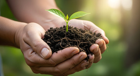 A nurturing hand holds a tender seedling and rich soil, embodying growth, sustainability, and new beginnings. Conveying care, hope, and environmental responsibility.の素材