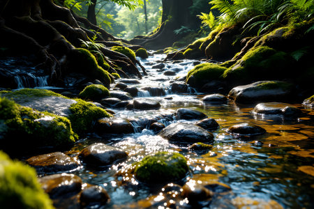 Mountain stream in the forest. Nature composition. Selective focus.の素材