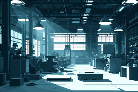 Vector illustration of a factory interior with workers and equipment. Industrial backgroundのイラスト素材