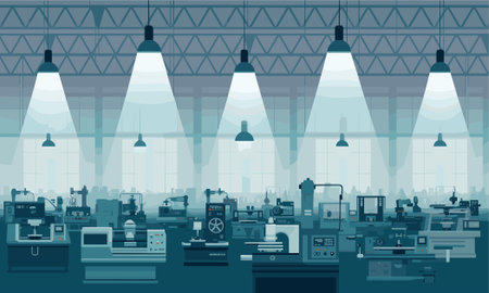 Industrial factory interior with equipment. Vector illustration in flat style.のイラスト素材