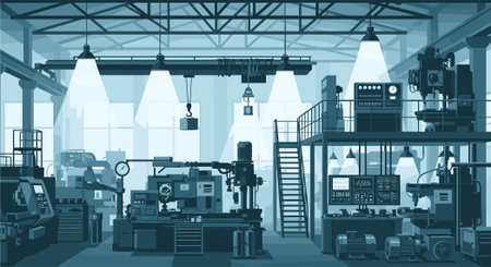 Industrial factory interior with equipment and machinery. Vector illustration in flat styleのイラスト素材