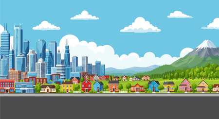 City landscape with buildings and skyscrapers. Cartoon vector illustration.のイラスト素材