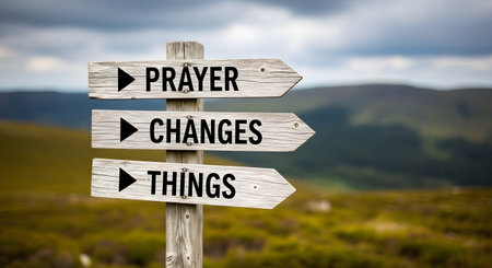 Prayer, Change, Things written on wooden signpost, UKの素材