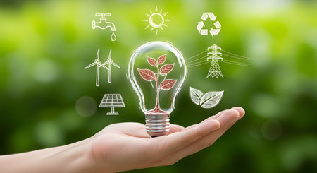 Hand holding light bulb with green energy icons on nature background. Renewable energy conceptの素材