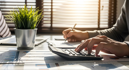 Businessman analyzing investment charts with calculator and laptop. Accounting concept.の素材