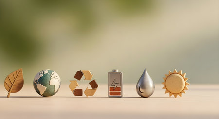 Conceptual image of green energy with eco icons on wooden surfaceの素材