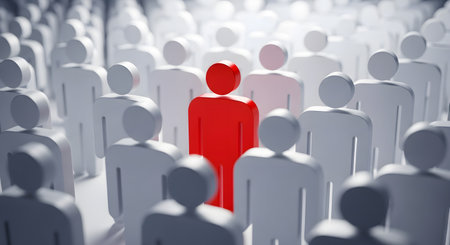 Red man standing out from crowd of white people. 3D renderingの素材