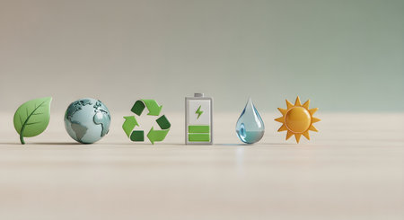 3d illustration of eco green energy with battery, leaf and sunの素材