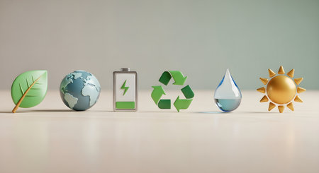 Ecology concept with green energy icons, 3d render illustration.の素材