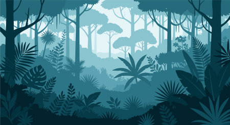 Tropical forest background with jungle trees and plants. Vector illustration.のイラスト素材