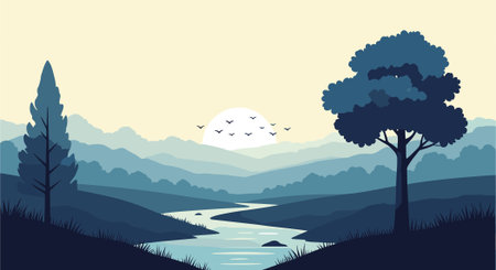 Landscape with river, trees and mountains in flat style. Vector illustration.のイラスト素材