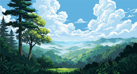 Landscape of mountain and forest with blue sky background vector illustration.のイラスト素材