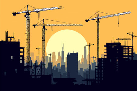 Silhouette of construction site with cranes and buildings. Vector illustration.のイラスト素材