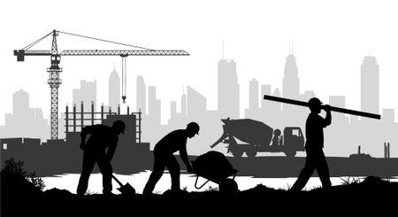 silhouette of workers at the construction site with cityscape backgroundのイラスト素材