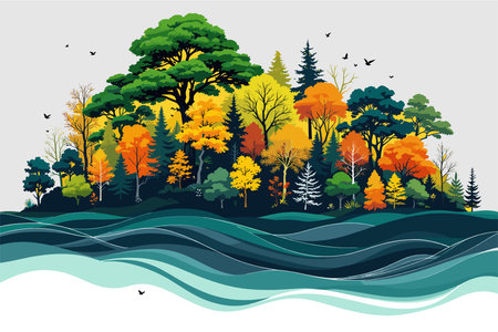 Autumn forest landscape with lake and trees. Vector illustration EPS10のイラスト素材