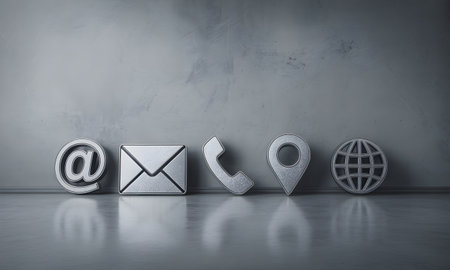 Let's connect! Reach out to us through email, phone, location, or website to discuss your business needs. Modern solutions await your call today.の素材