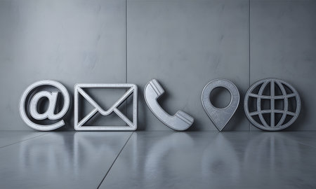Modern metallic contact icons for your business. Connect with customers through email, phone, location, and website. Ideal for digital communication.の素材
