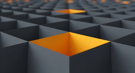 Abstract 3d rendering of chaotic black and yellow geometric shapes. Art design background. Reflective surface pattern.の素材