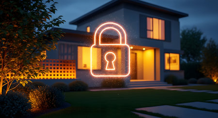 House with a glowing padlock icon on the front door. 3D rendering.の素材