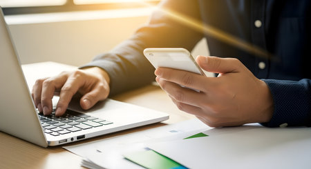 Businessman using smart phone and laptop computer on office desk. Business concept.の素材