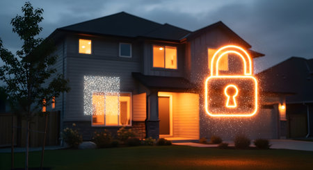 Digital composite of House with glowing padlock icon in front of houseの素材