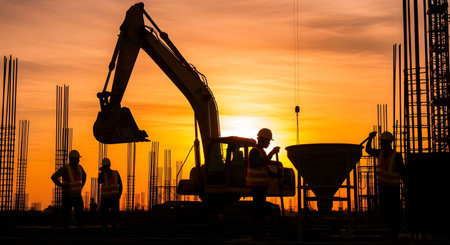 Silhouette of engineer and worker working on construction site at sunsetの素材