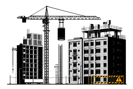 Construction site with cranes and building silhouettes. Vector illustration.のイラスト素材