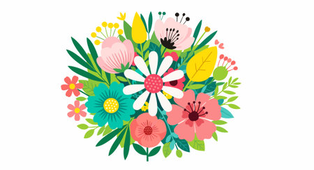 Flower bouquet vector illustration. Hand drawn floral bouquet with wildflowers and leaves.のイラスト素材