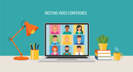 Video conference, online meeting. Laptop with group of people on screen. Vector illustrationのイラスト素材