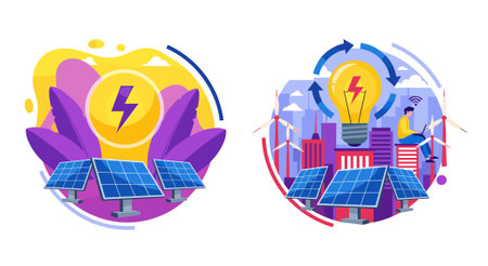 Renewable energy concept. Solar panels and light bulb with lightning. Alternative energy sources. Vector illustrationのイラスト素材