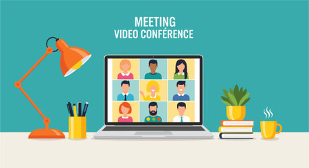 Video conference concept. Laptop with video conference. Vector illustration.のイラスト素材