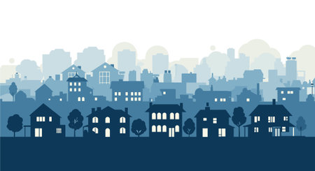 Cityscape with silhouettes of houses and trees. Vector illustration.のイラスト素材