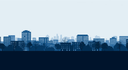 City silhouette with trees and houses on blue background. Vector illustration.のイラスト素材